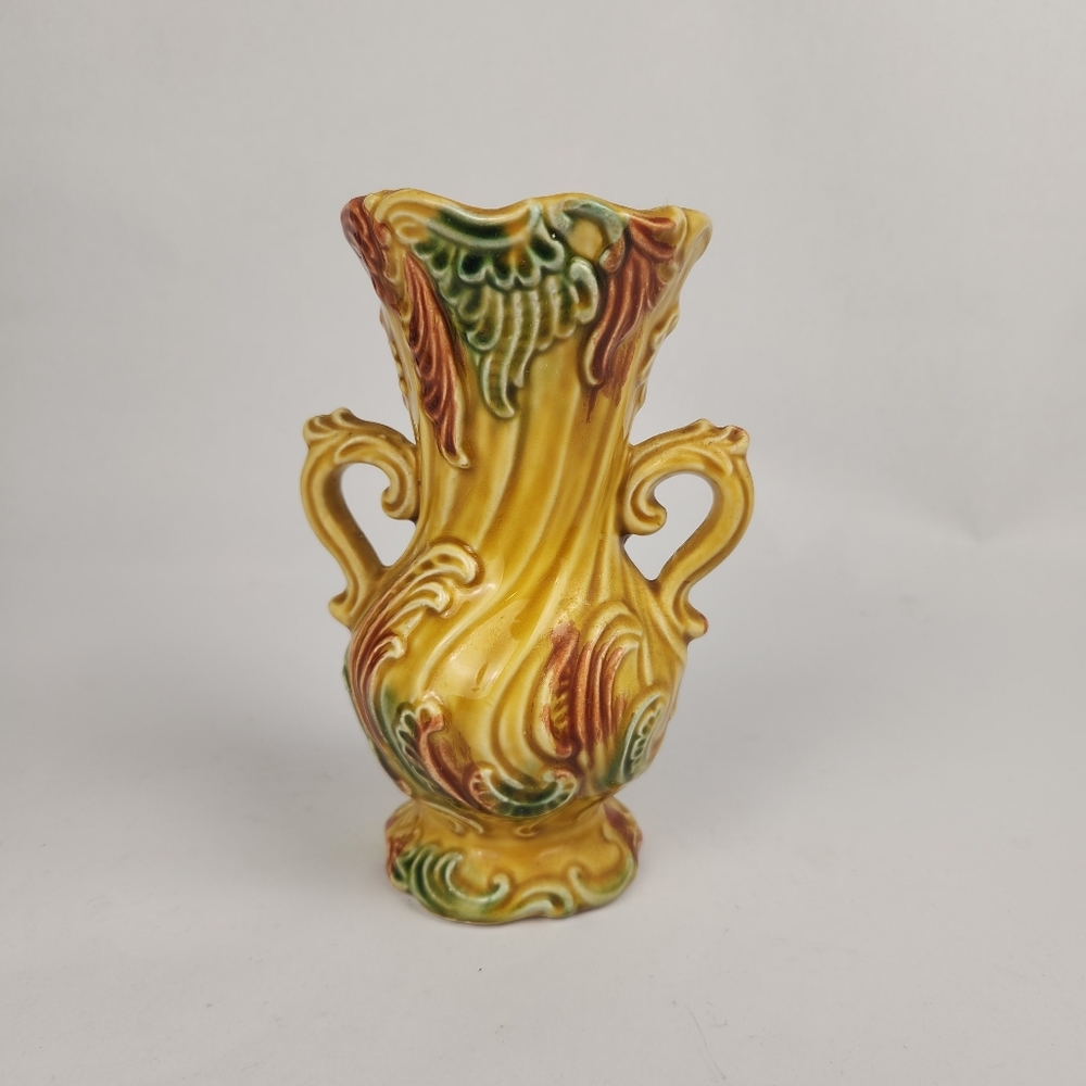 Vintage Yellow and Green Ceramic Small Vase 5-3/4" Tall